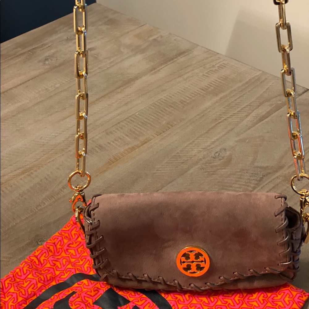 Tory Burch mini bag brownish gray with bag.
